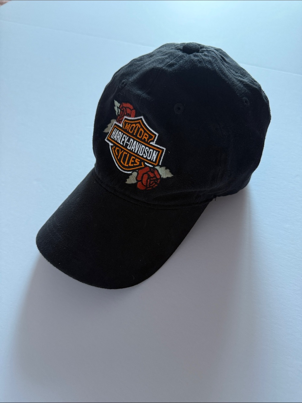 Harley-Davidson Black Hat Orange Shield Red Rose Embroidery Patch Lace-Up Back